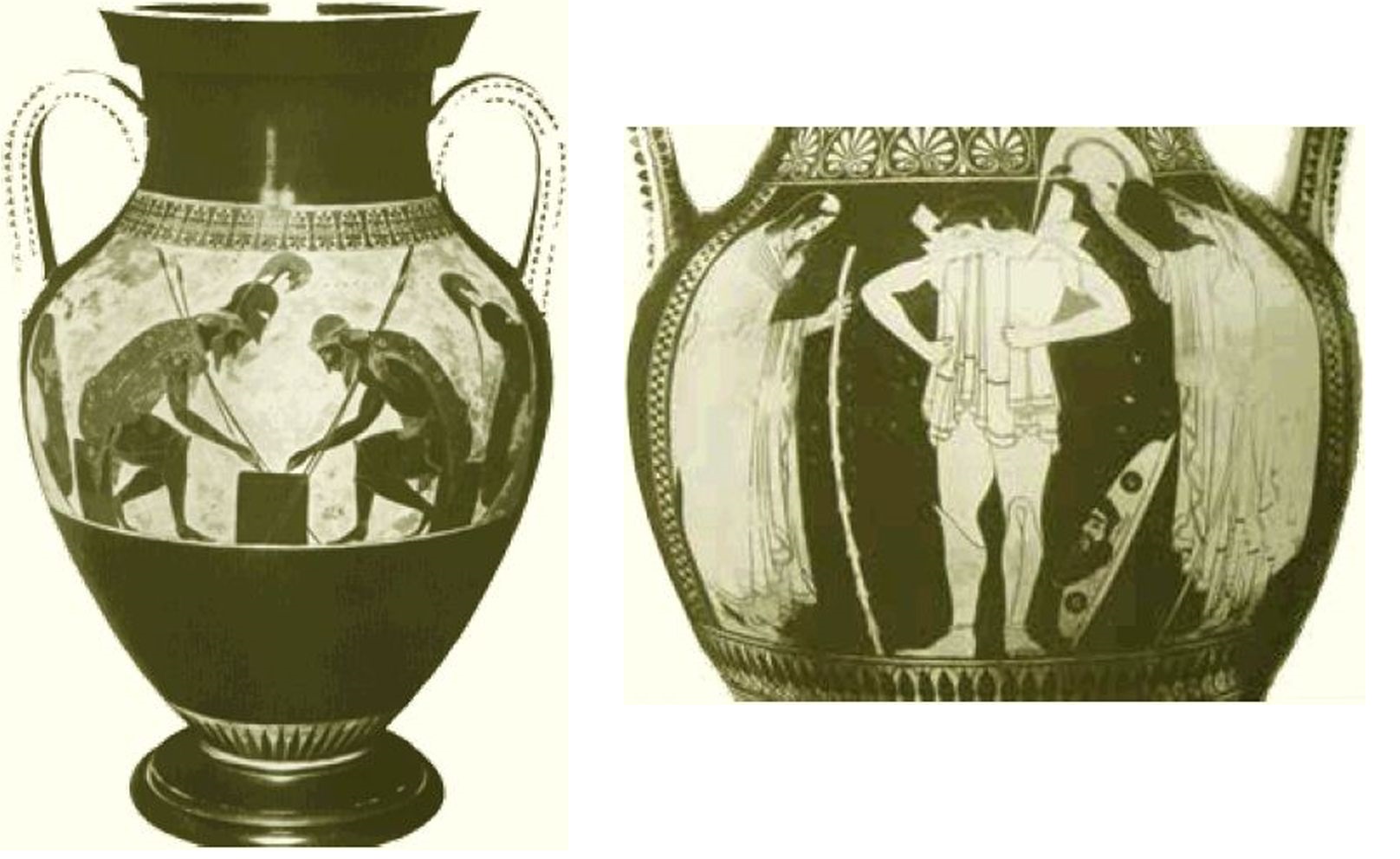 תמונה של הכלים מהתקופה הקלסית היוונית, ועליהם ציורים של סיפורי המיתולוגיה.